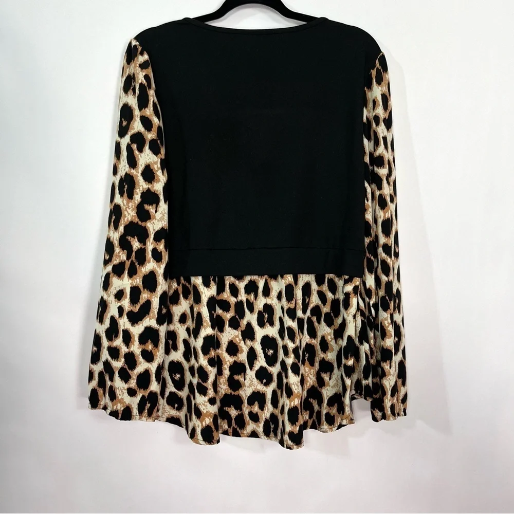 Leopard Cheetah Animal Print On Black Peplum Long Sleeve top sz XL - Picture 2 of 5